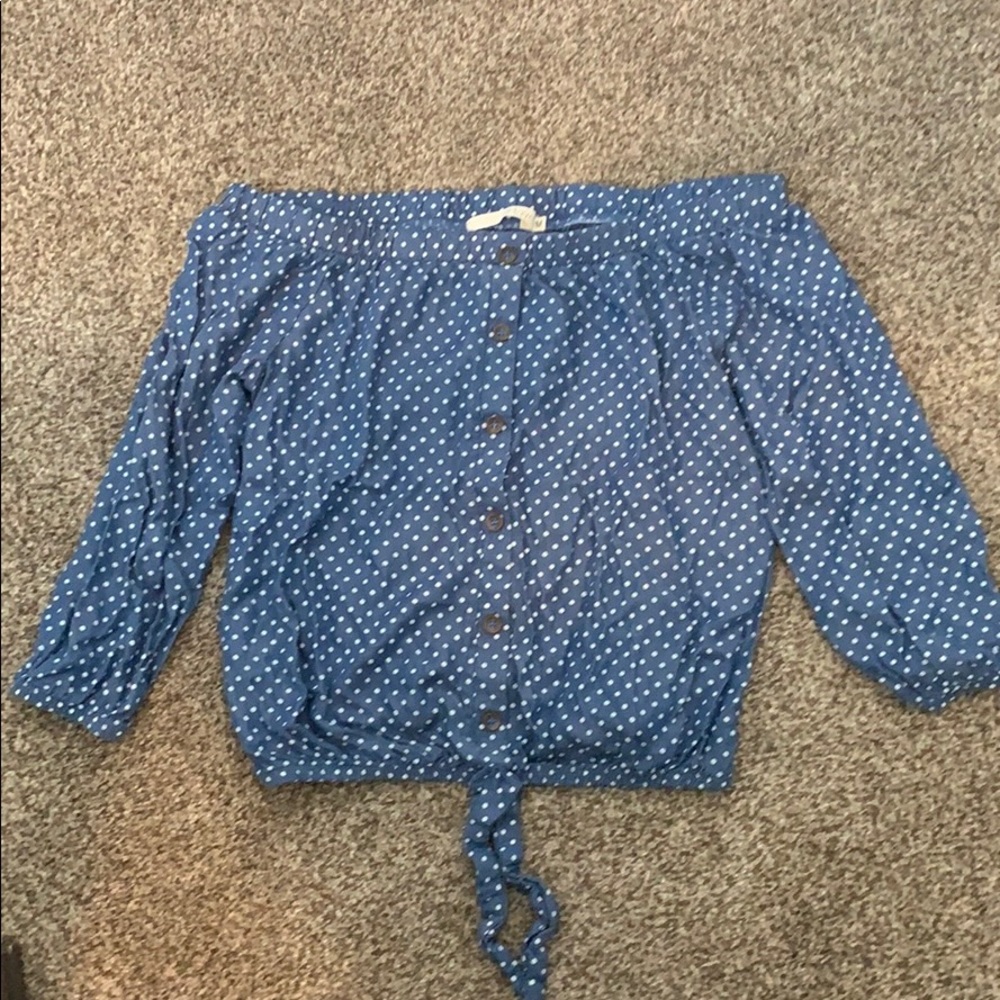 Blue and white polka dot top